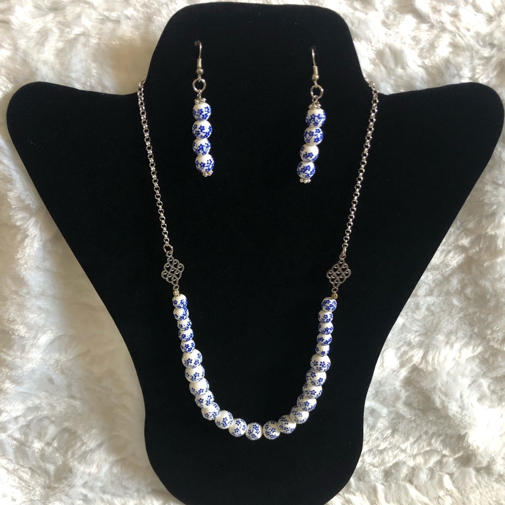 Blue and White Beaded Necklace and Earring Set